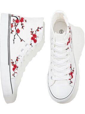 Women's White Flower Canvas Upper Lace Up Cute Walking Shoes High Top Sneakers